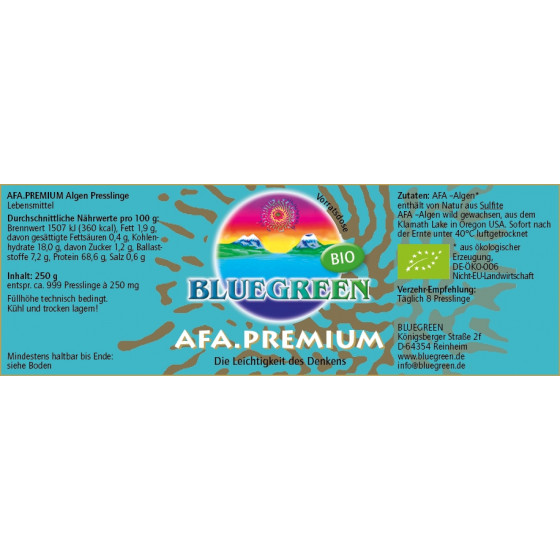 BLUEGREEN AFA Premium BIO Presslinge 250g, ca. 999 Stück á 250mg, im Violettglas