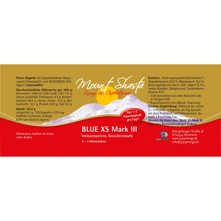 Mount Shasta BLUE XS Mark III 2 x 32,4 g, entspr. ca. 240 Kapseln à 270 mg im "Doppelpack"