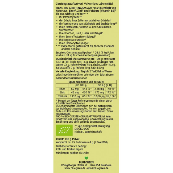 BLUEGREEN BIO GERSTENGRASSAFT-PULVER  100 g Inhalt