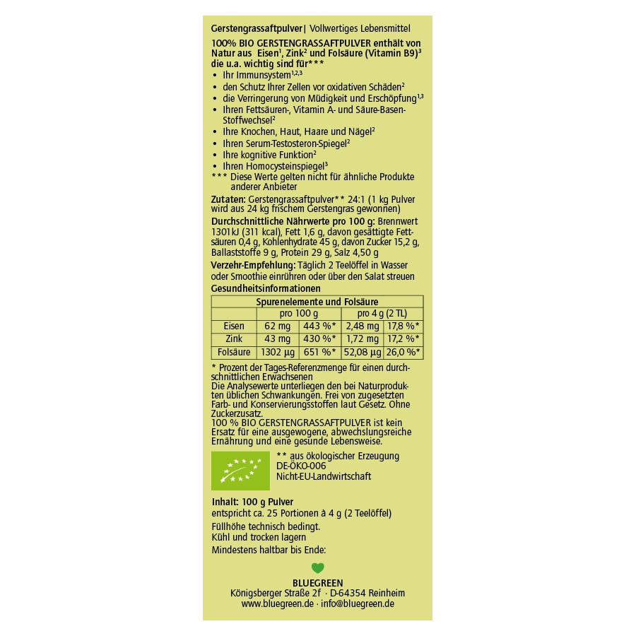 BLUEGREEN BIO GERSTENGRASSAFT-PULVER  100 g Inhalt