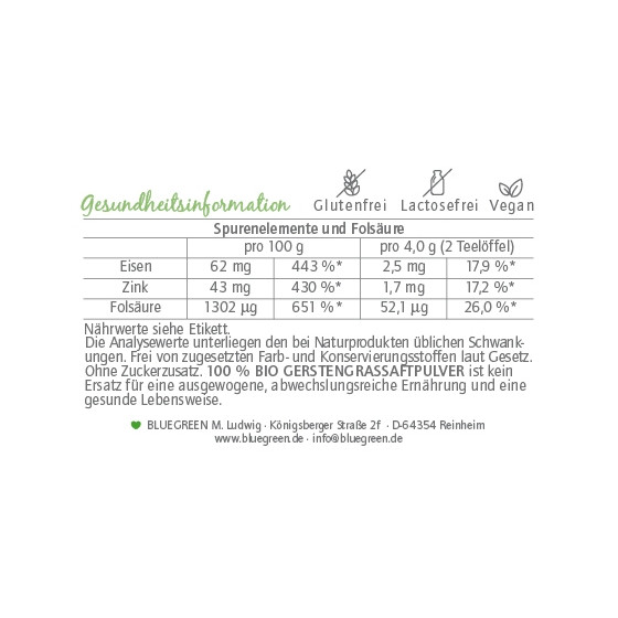BLUEGREEN BIO GERSTENGRASSAFT-PULVER  100 g Inhalt